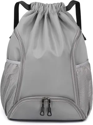 Valleycomfy Sports Gym Bag Drawstring Backpack with Shoes Basketball Bag and Two Water Bottle Holder,Drawstring Backpack for Beach, Pool and Travel,Grey