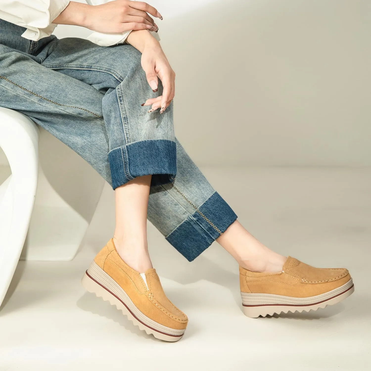 Veroders Women's Suede Wedge Loafers Slip-On Comfortable Penny Loafers Thick Soft Platform Shoes Business Work Walking