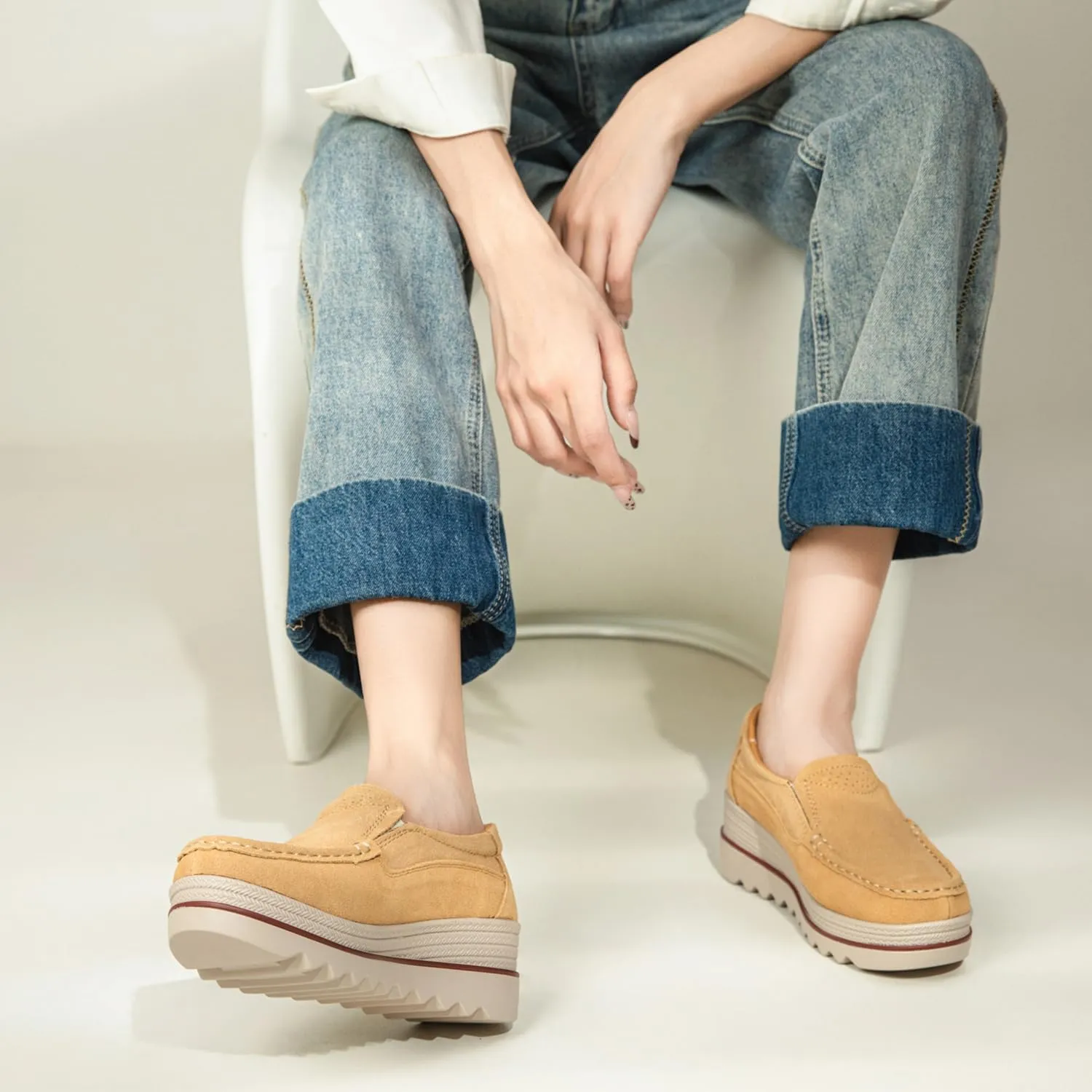 Veroders Women's Suede Wedge Loafers Slip-On Comfortable Penny Loafers Thick Soft Platform Shoes Business Work Walking
