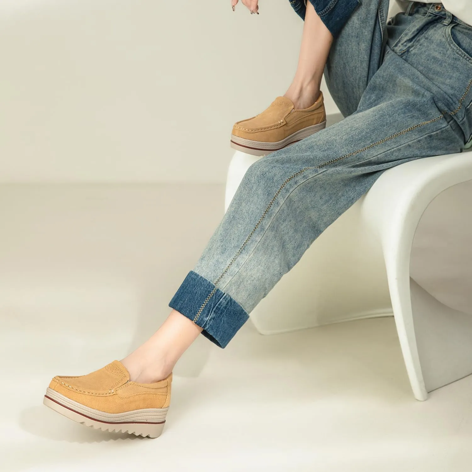 Veroders Women's Suede Wedge Loafers Slip-On Comfortable Penny Loafers Thick Soft Platform Shoes Business Work Walking