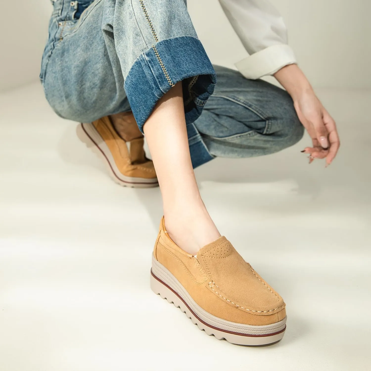 Veroders Women's Suede Wedge Loafers Slip-On Comfortable Penny Loafers Thick Soft Platform Shoes Business Work Walking