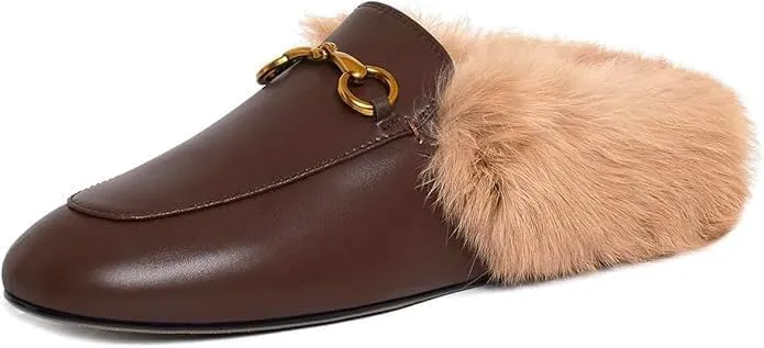 Vertundy Fur Mules with Matal Buckle Slip On Flats for Women Backless Sandals Dress Shoes Work Slides
