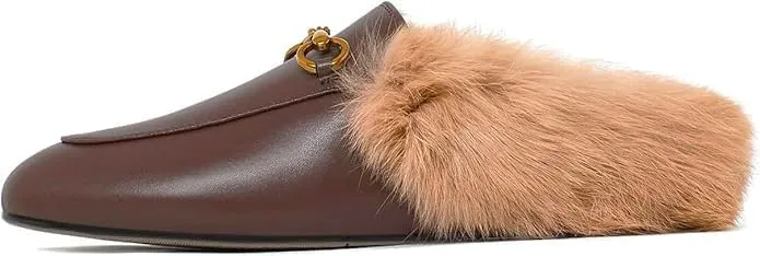 Vertundy Fur Mules with Matal Buckle Slip On Flats for Women Backless Sandals Dress Shoes Work Slides
