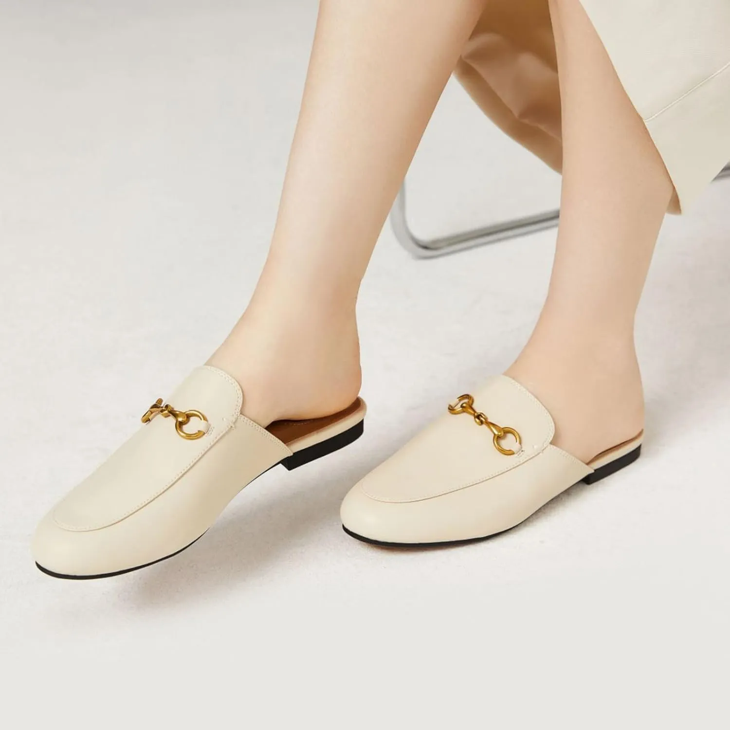 Vertundy Women's Mules Low Heel Flats Leather Slip On Backless Sandals for Girls Lady Work Slides