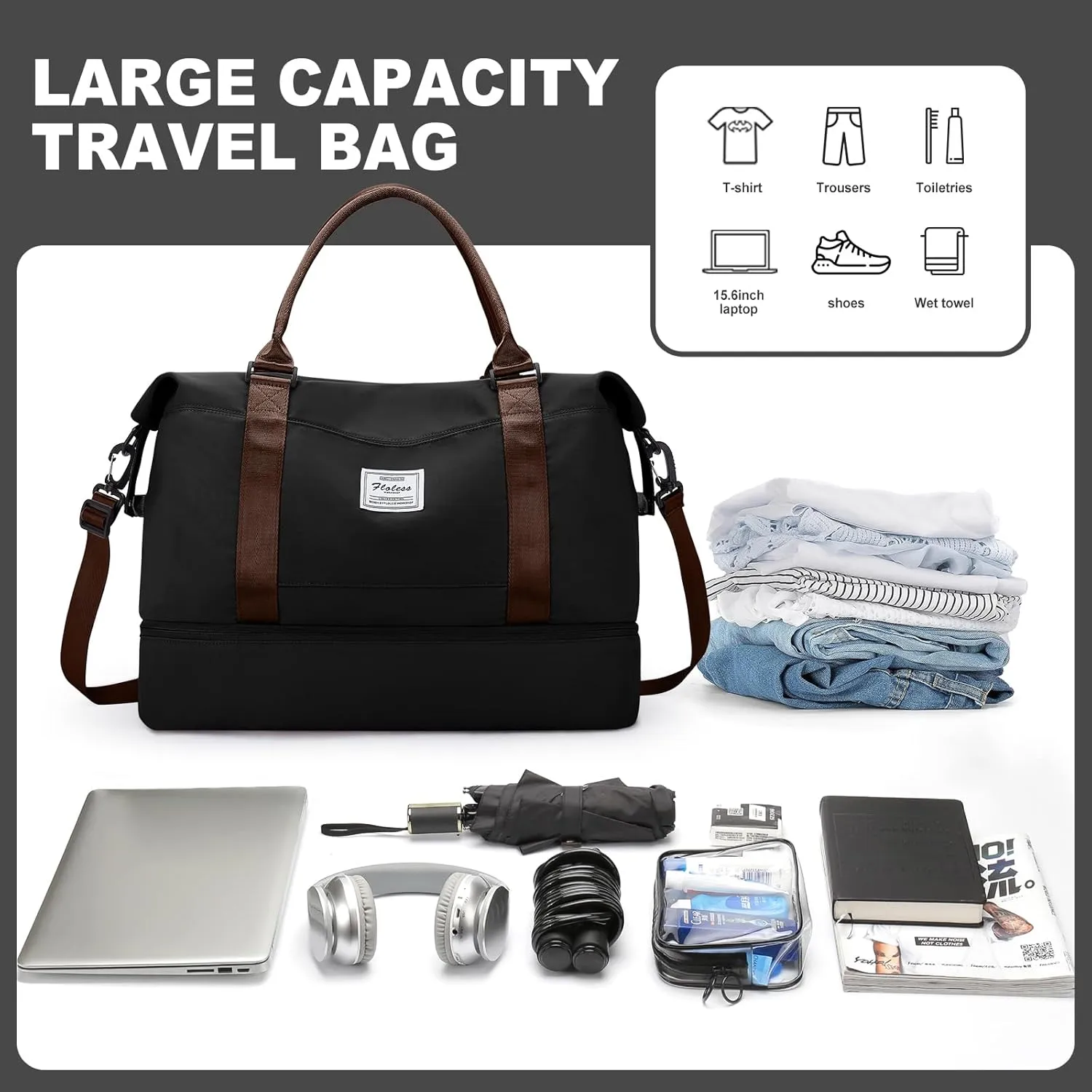Weekender Bags for Women, Travel Duffel Bags with Shoe Compartment,Personal Item Travel Bag for Airlines, Carry on Overnight Tote Bag for women with Toiletry Bag，Black&Brown