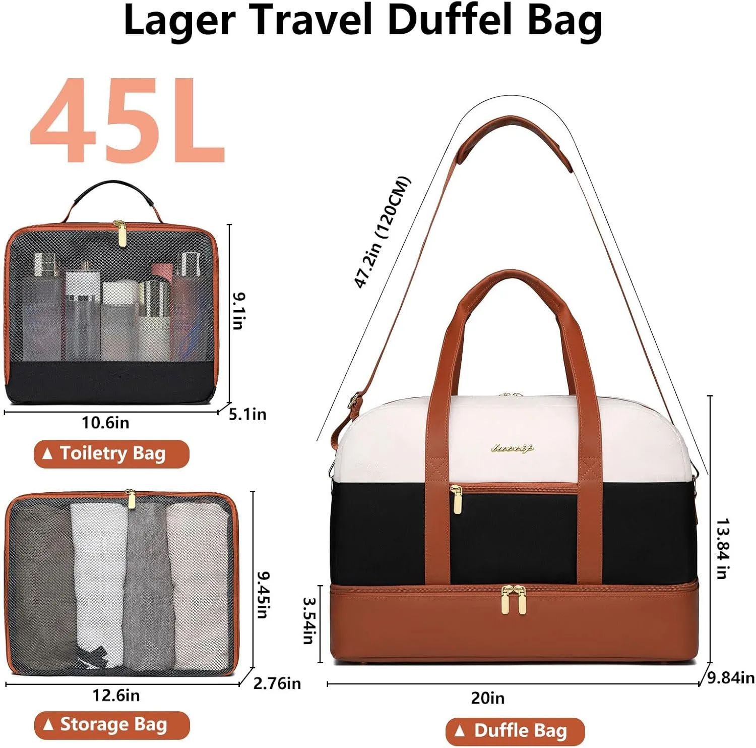 Weekender Travel Women Duffle Bags: Large Duffel Overnight Bag for Womens Weekend Personal Carry On Tote Bag with Shoe Compartment and Trolley Sleeve For Hospital Gym Traveling Work White-Black-Brown