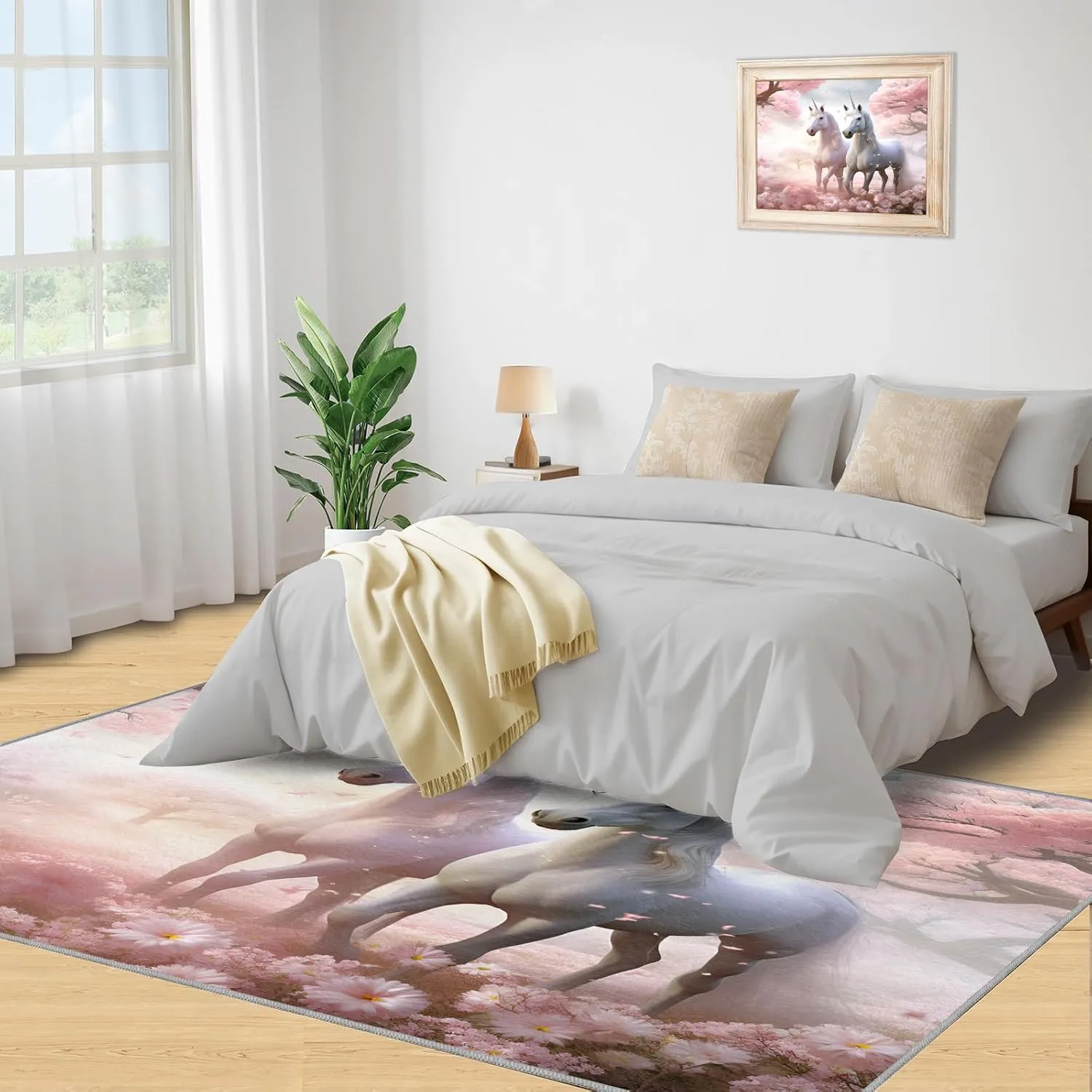 White Horse Rug & Home Decor - 2x6 Rug, Cherry Blossom Runner Rug, Galloping Horses Rugs, Machine Washable Rug Soft Non Slip Kitchen Laundry Room Entryway Bedroom