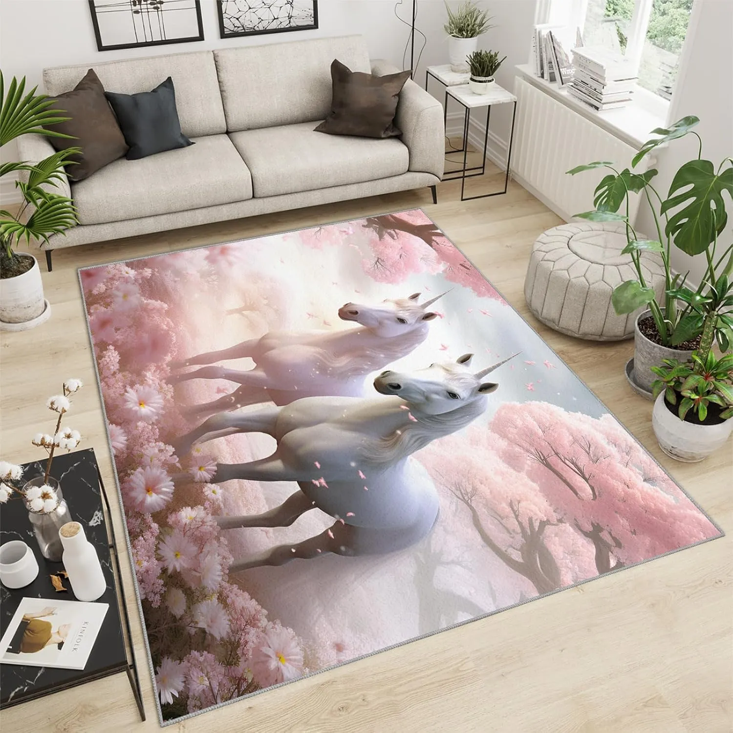 White Horse Rug & Home Decor - 2x6 Rug, Cherry Blossom Runner Rug, Galloping Horses Rugs, Machine Washable Rug Soft Non Slip Kitchen Laundry Room Entryway Bedroom