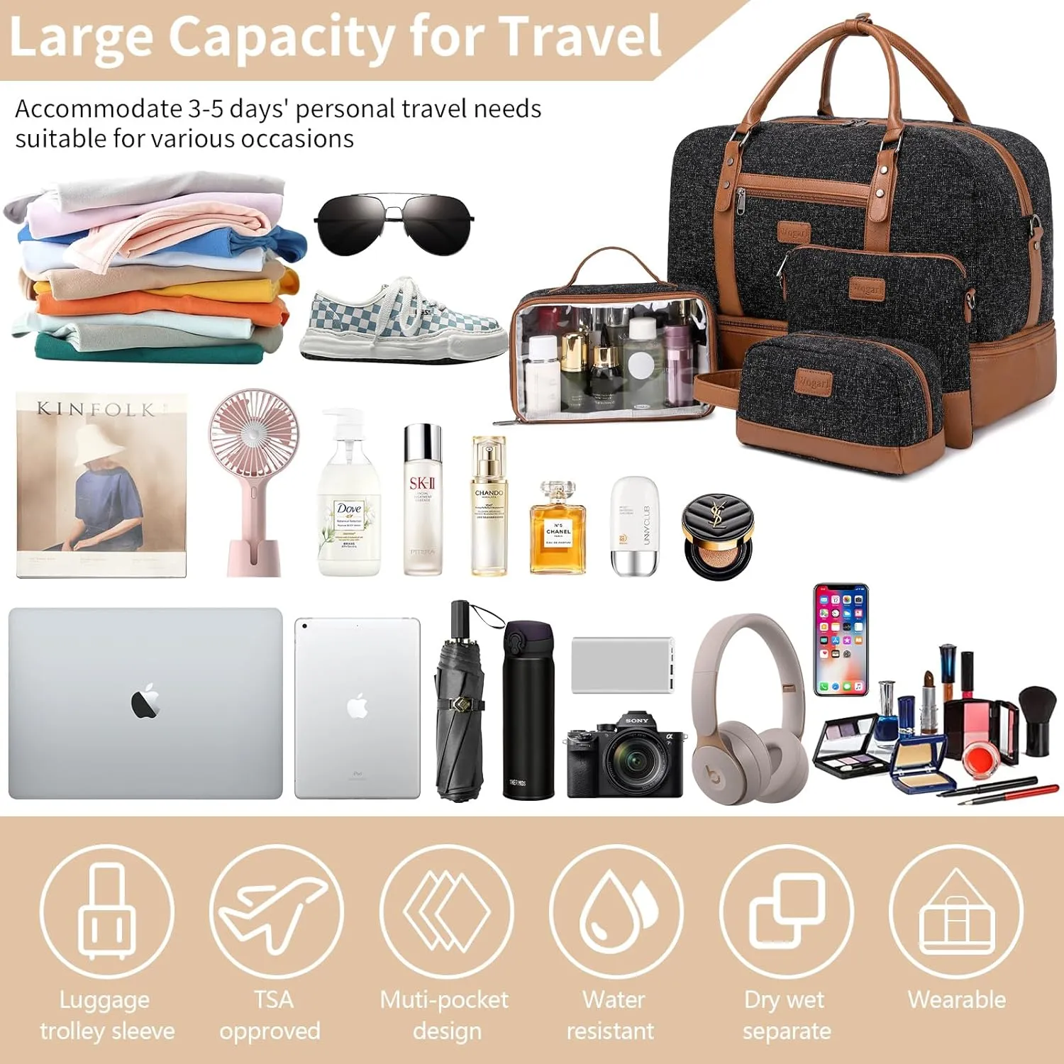 Wogarl Weekender Bags for Women Large Overnight Bag Weekend Travel Duffel Bag Carry on Shoulder with Shoe Compartment Toiletry Bag for Travel Business Gym