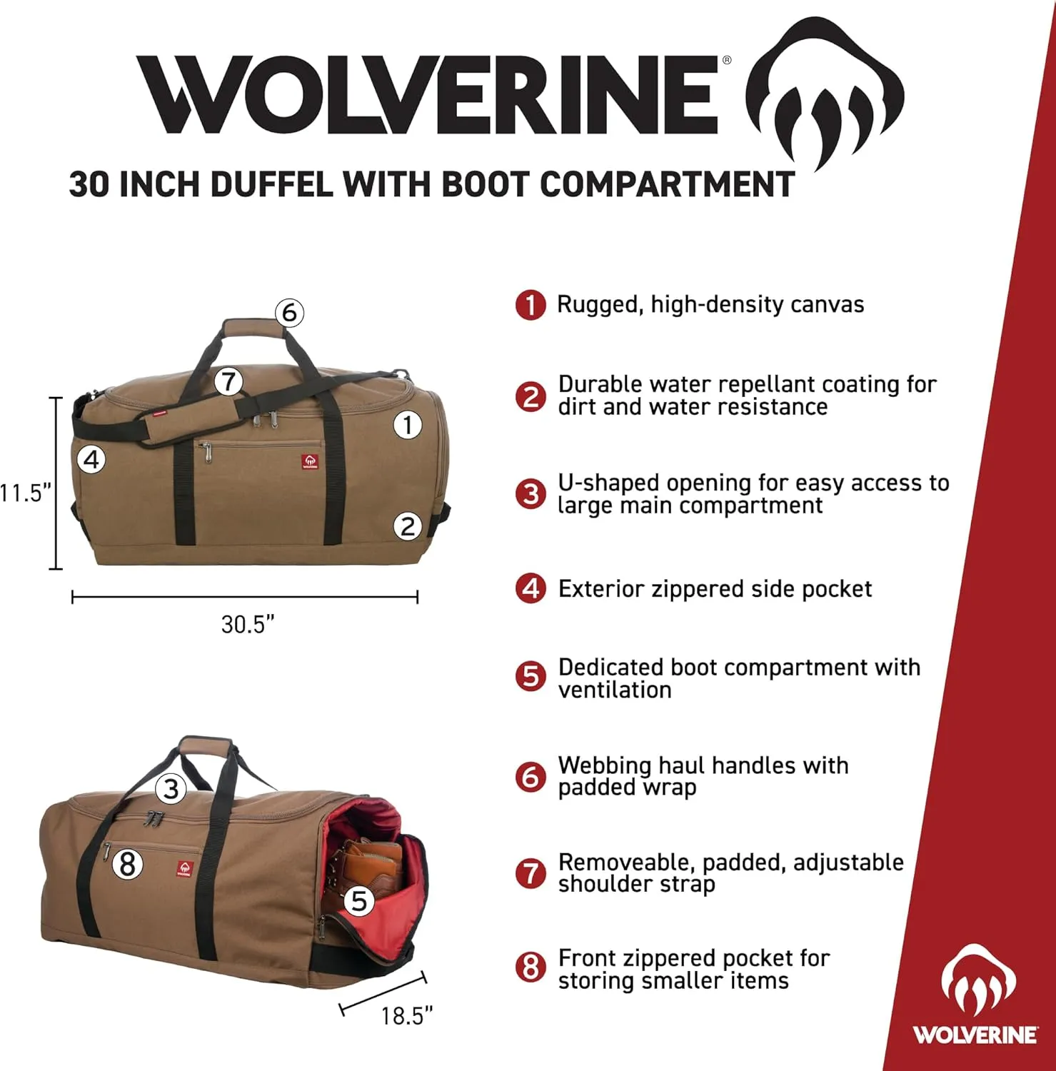 Wolverine 30" Duffel with Boot Made from High-Density Canvas, 112l Capacity Main Compartment