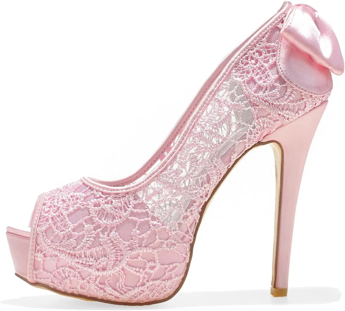 Women Bridal Wedding Shoes Lace Peep Toe Pumps High Heel Slip on Bridesmaid Shoes