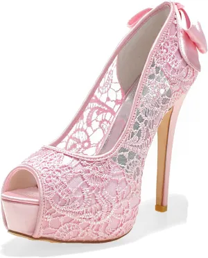 Women Bridal Wedding Shoes Lace Peep Toe Pumps High Heel Slip on Bridesmaid Shoes