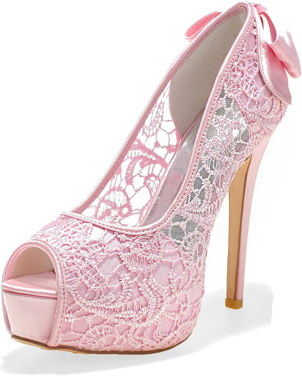 Women Bridal Wedding Shoes Lace Peep Toe Pumps High Heel Slip on Bridesmaid Shoes