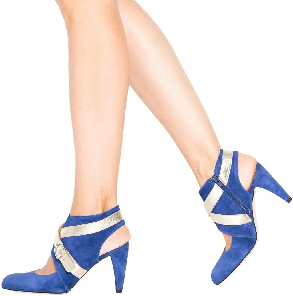 Women Chunky Heel Sandal Booties Suede Closed Round Toe Side Zipper Ankle Boots Cut Out 3 inch Block High Heeled Sandals Booties Backless Buckle Two Tone Vintage Casual 4-11 M US