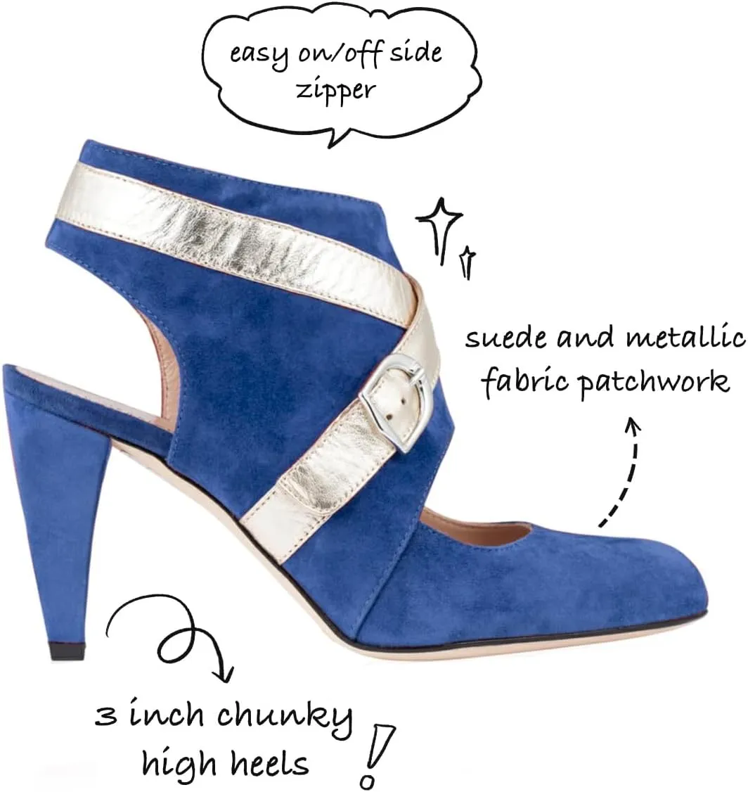 Women Chunky Heel Sandal Booties Suede Closed Round Toe Side Zipper Ankle Boots Cut Out 3 inch Block High Heeled Sandals Booties Backless Buckle Two Tone Vintage Casual 4-11 M US