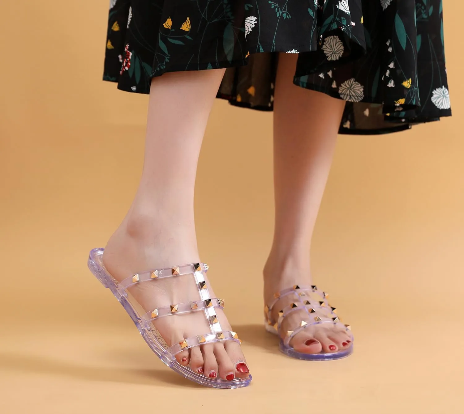 Women Flats Sandals, Studded Jelly Shoes Size 9 Red Dressy Summer Beach Rivets Strappy Jellies Slide Slip On Open Toes