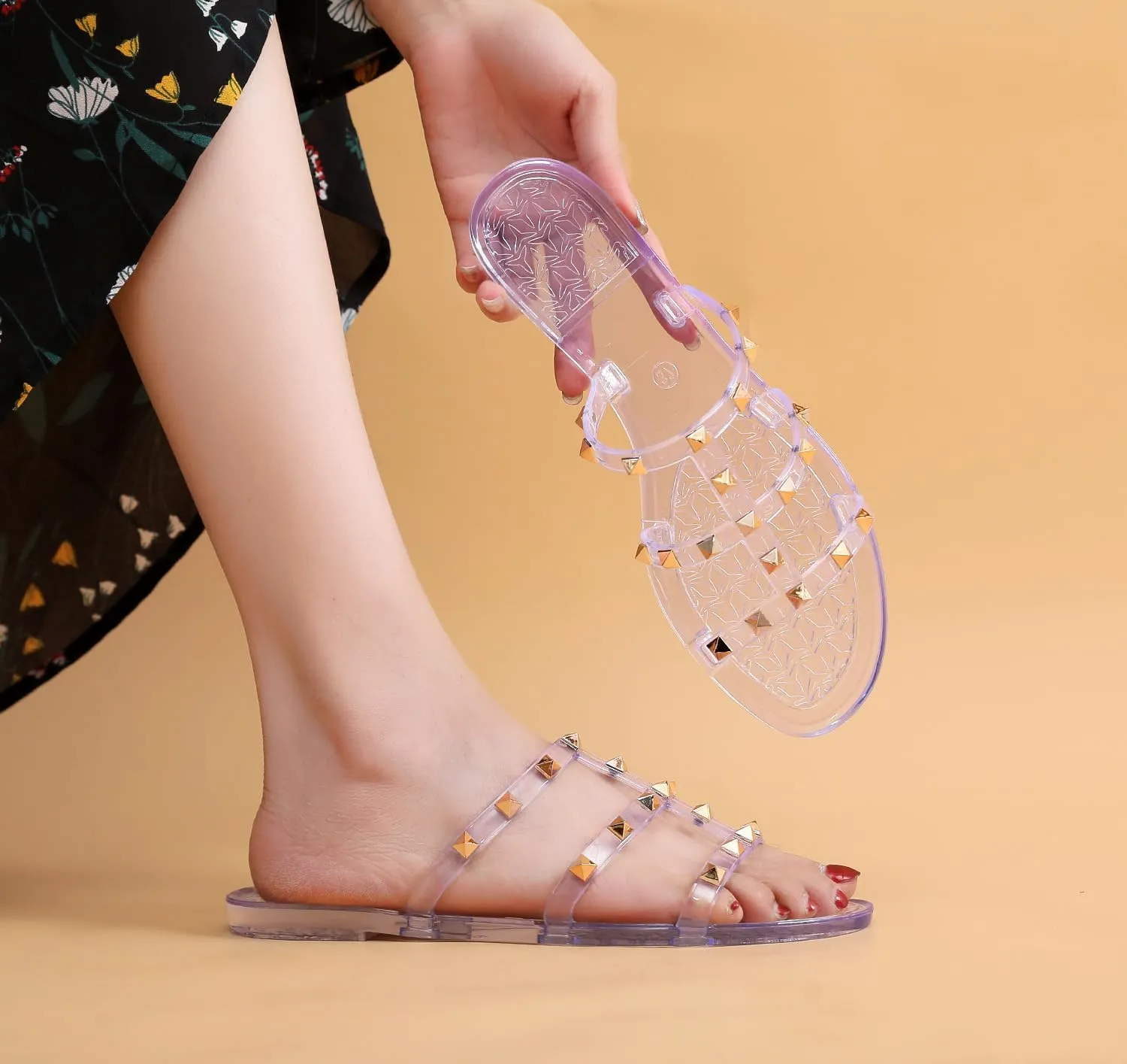 Women Flats Sandals, Studded Jelly Shoes Size 9 Red Dressy Summer Beach Rivets Strappy Jellies Slide Slip On Open Toes