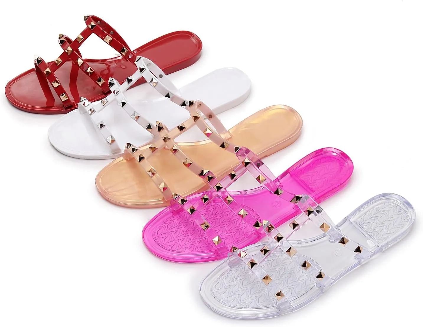 Women Flats Sandals, Studded Jelly Shoes Size 9 Red Dressy Summer Beach Rivets Strappy Jellies Slide Slip On Open Toes