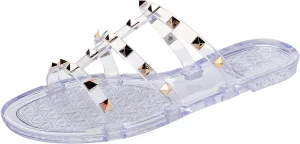 Women Flats Sandals, Studded Jelly Shoes Size 9 Red Dressy Summer Beach Rivets Strappy Jellies Slide Slip On Open Toes