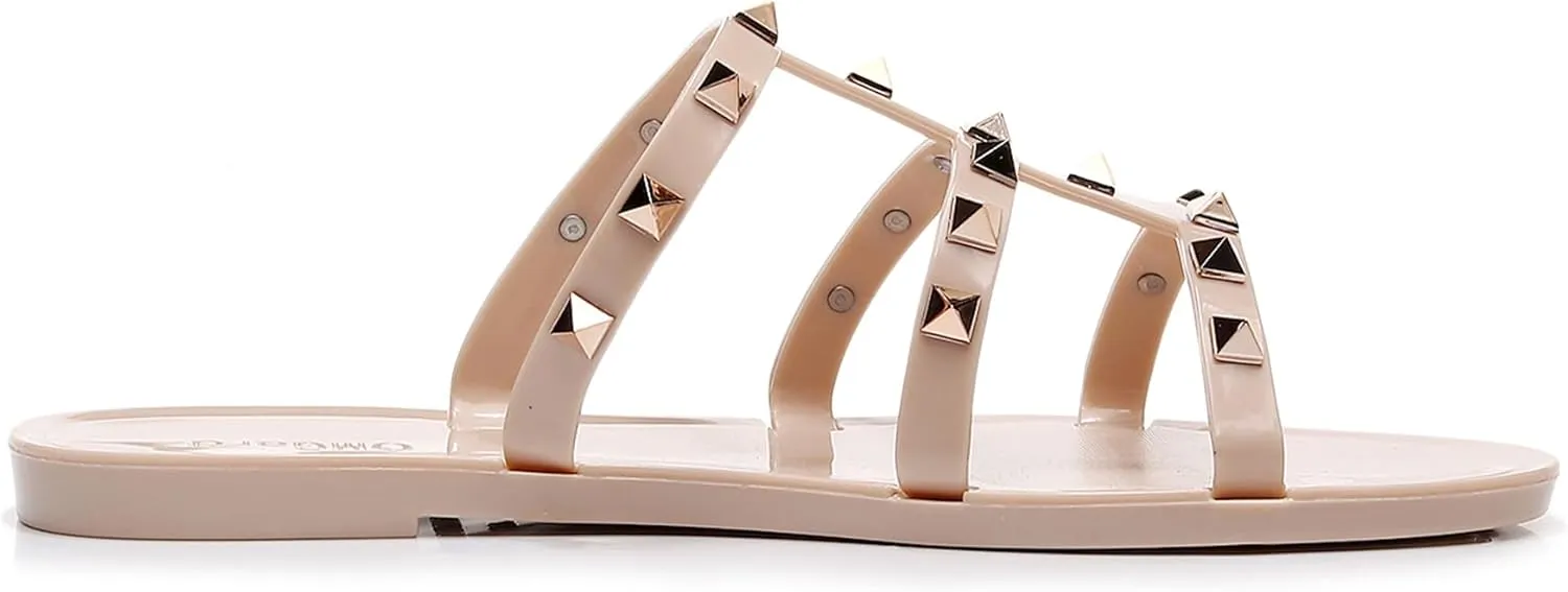Women Flats Sandals, Studded Jelly Shoes Size 9 Red Dressy Summer Beach Rivets Strappy Jellies Slide Slip On Open Toes