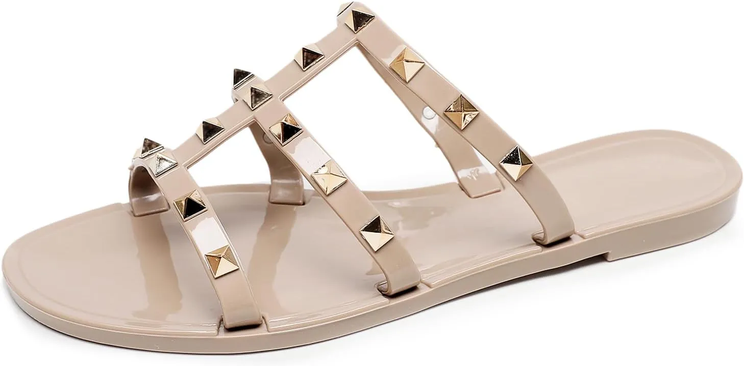 Women Flats Sandals, Studded Jelly Shoes Size 9 Red Dressy Summer Beach Rivets Strappy Jellies Slide Slip On Open Toes