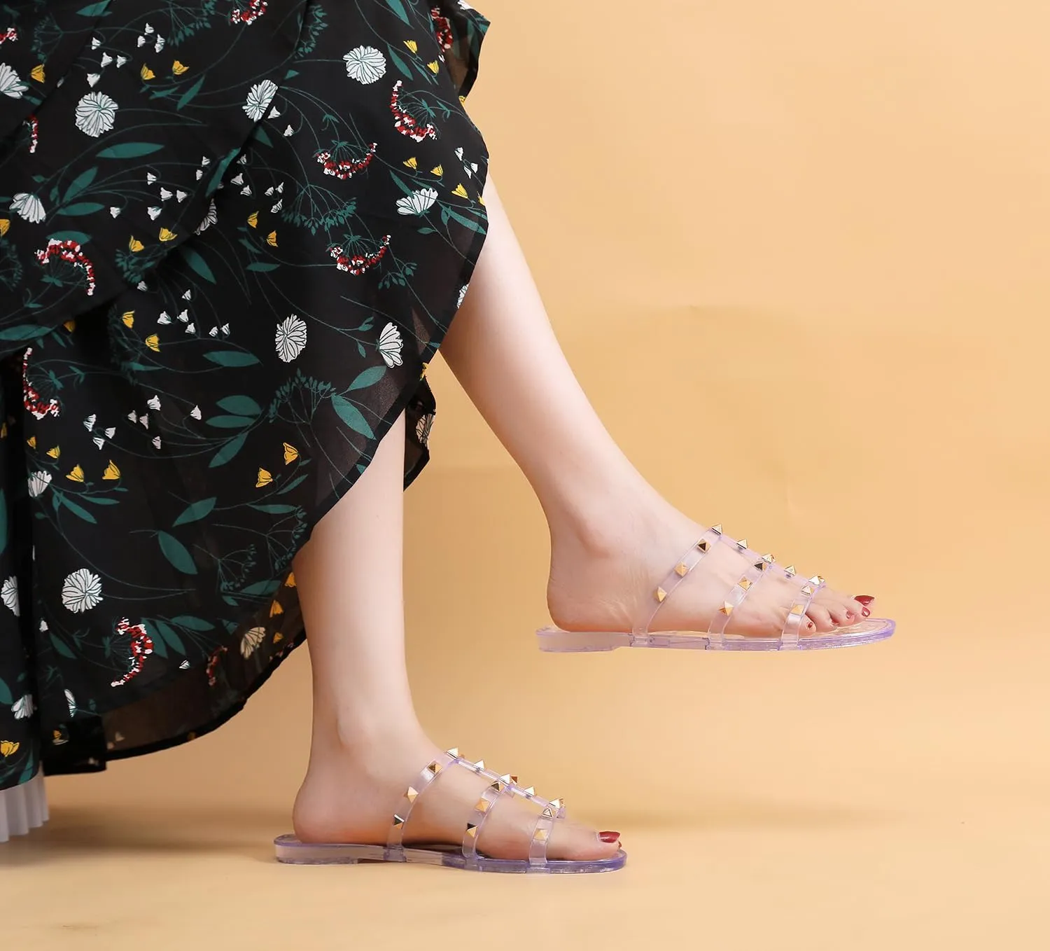 Women Flats Sandals, Studded Jelly Shoes Size 9 Red Dressy Summer Beach Rivets Strappy Jellies Slide Slip On Open Toes