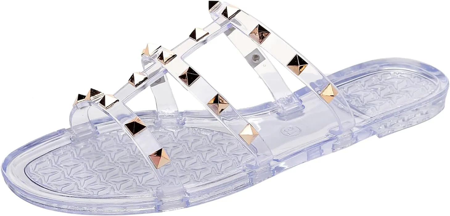 Women Flats Sandals, Studded Jelly Shoes Size 9 Red Dressy Summer Beach Rivets Strappy Jellies Slide Slip On Open Toes