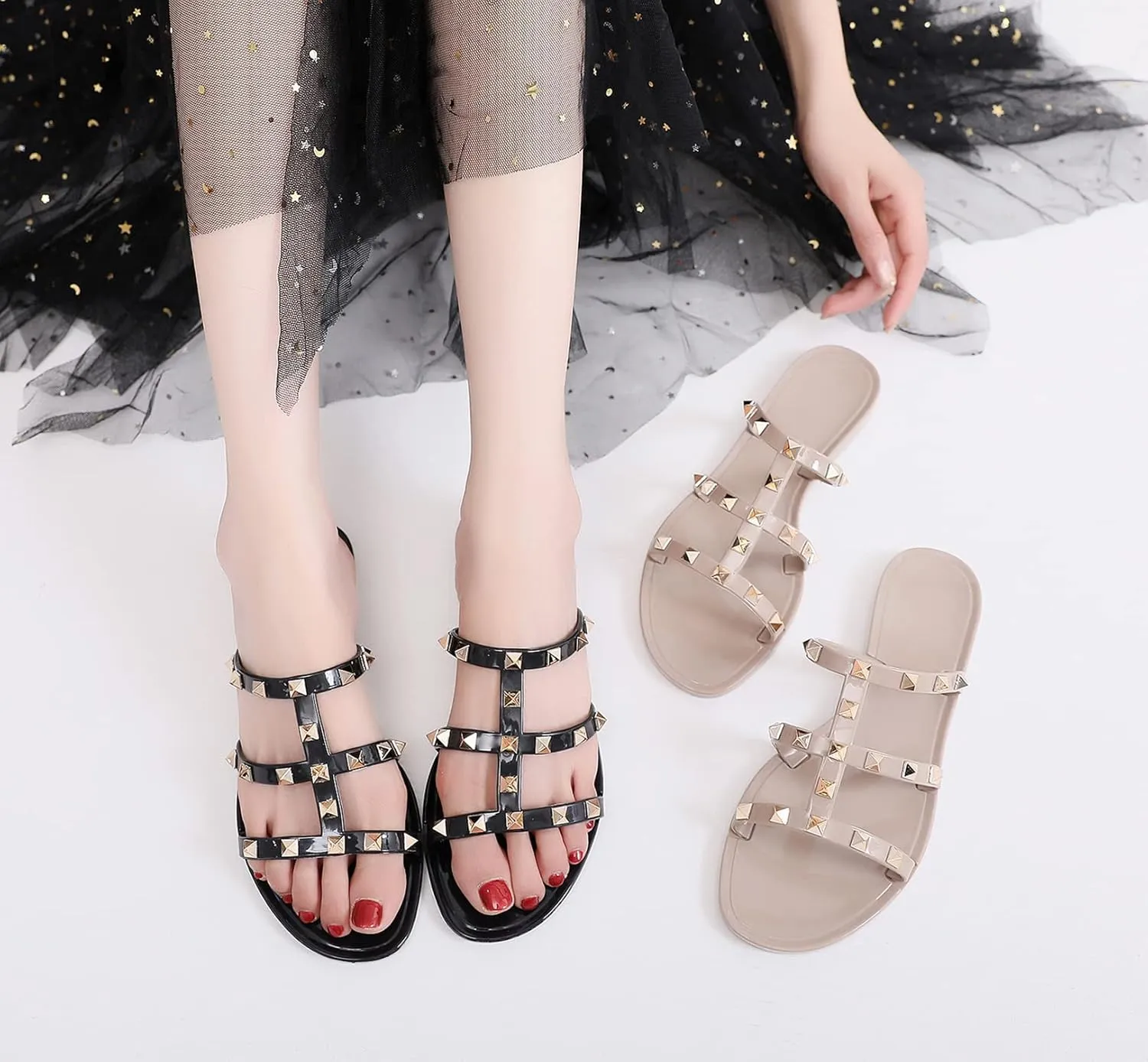 Women Flats Sandals, Studded Jelly Shoes Size 9 Red Dressy Summer Beach Rivets Strappy Jellies Slide Slip On Open Toes