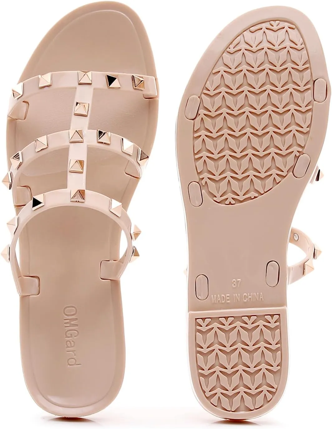 Women Flats Sandals, Studded Jelly Shoes Size 9 Red Dressy Summer Beach Rivets Strappy Jellies Slide Slip On Open Toes