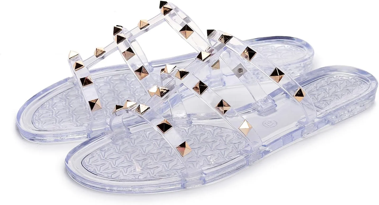 Women Flats Sandals, Studded Jelly Shoes Size 9 Red Dressy Summer Beach Rivets Strappy Jellies Slide Slip On Open Toes