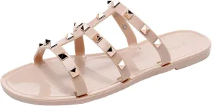 Women Flats Sandals, Studded Jelly Shoes Size 9 Red Dressy Summer Beach Rivets Strappy Jellies Slide Slip On Open Toes