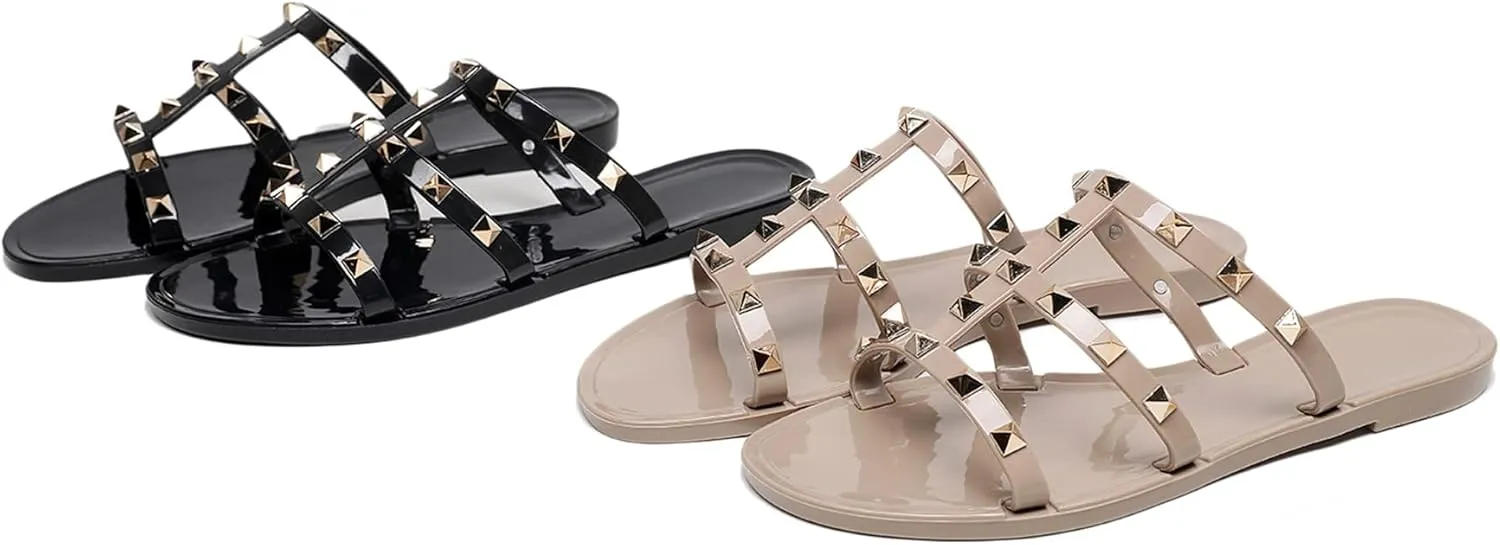 Women Flats Sandals, Studded Jelly Shoes Size 9 Red Dressy Summer Beach Rivets Strappy Jellies Slide Slip On Open Toes