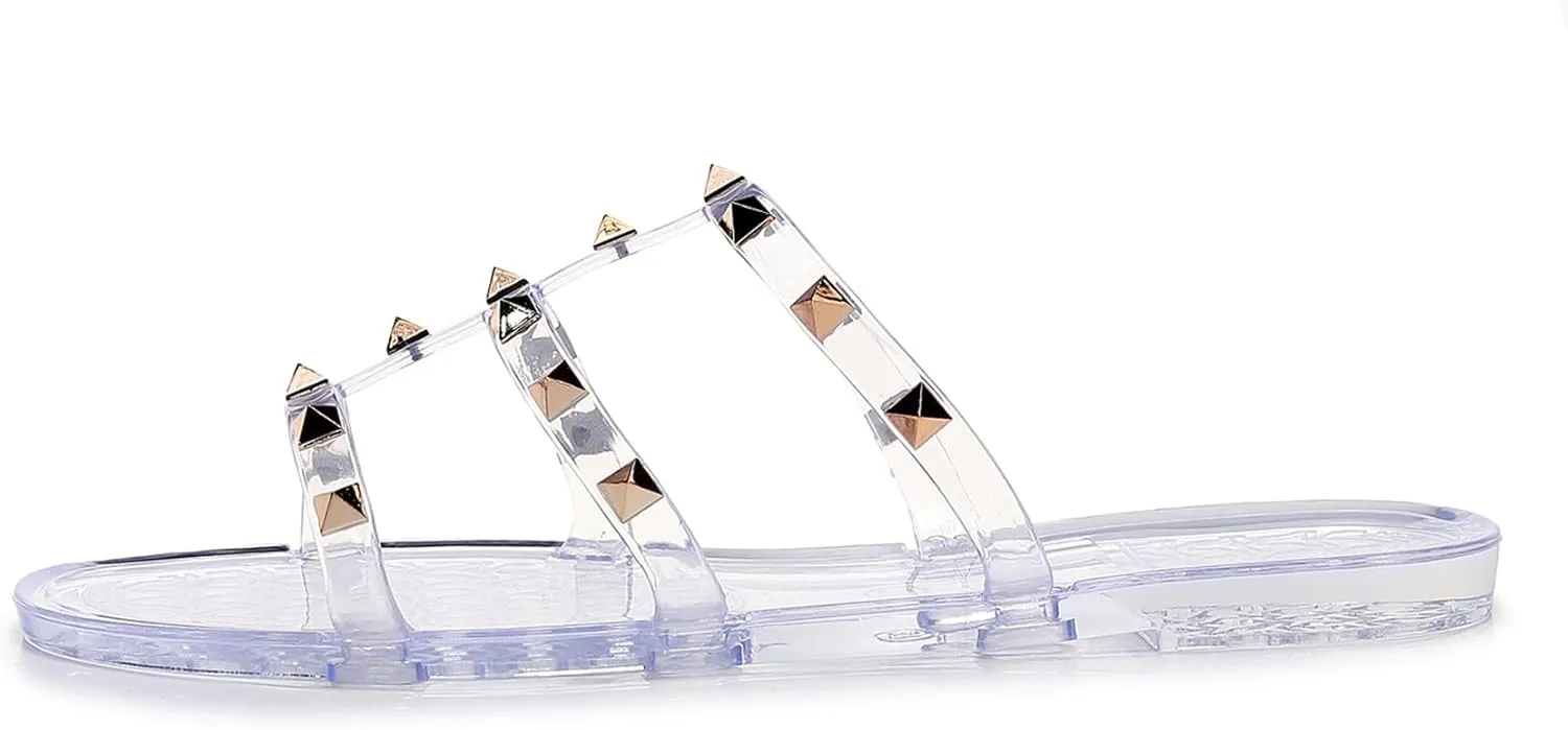 Women Flats Sandals, Studded Jelly Shoes Size 9 Red Dressy Summer Beach Rivets Strappy Jellies Slide Slip On Open Toes
