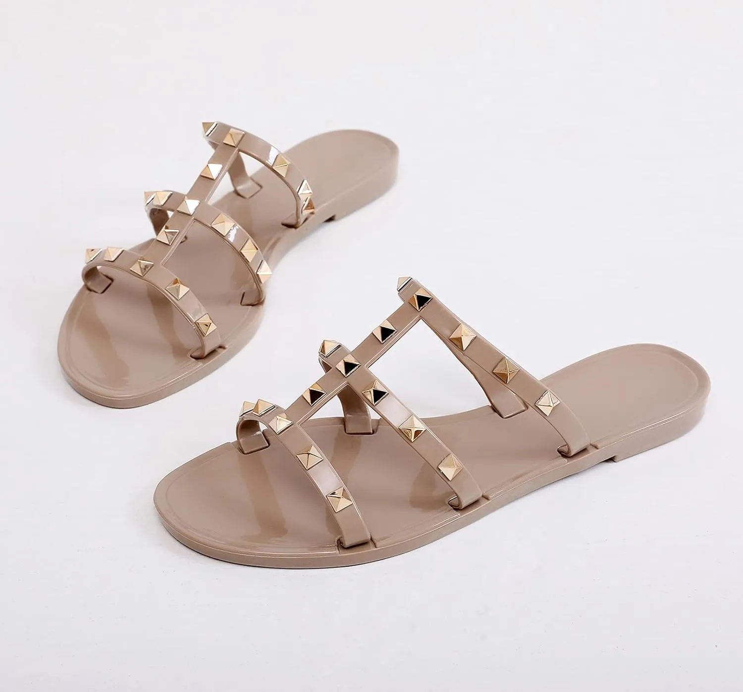 Women Flats Sandals, Studded Jelly Shoes Size 9 Red Dressy Summer Beach Rivets Strappy Jellies Slide Slip On Open Toes
