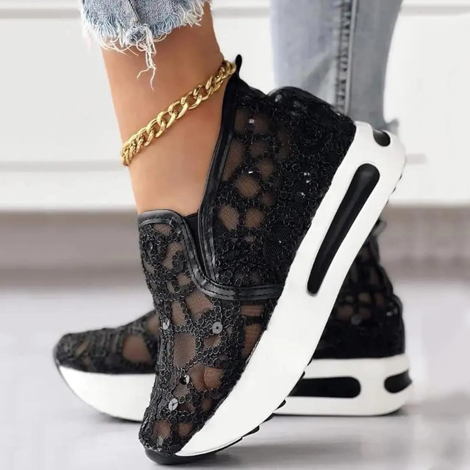 Women Floral Embroidery Breathable Sheer Mesh Sneakers, Platform Wedge Fashion Sneaker,Comfortable Casual Lace Mesh Walking Shoes