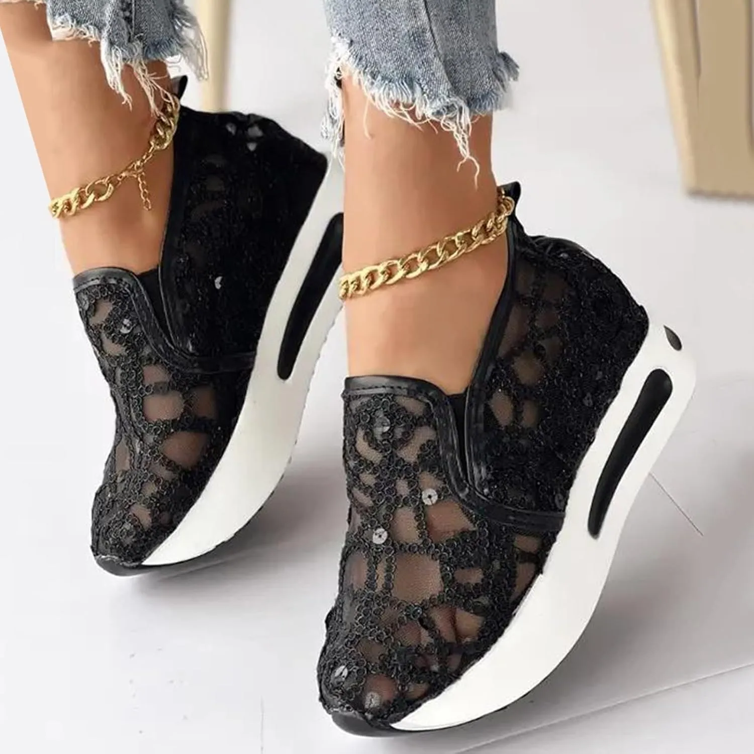 Women Floral Embroidery Breathable Sheer Mesh Sneakers, Platform Wedge Fashion Sneaker,Comfortable Casual Lace Mesh Walking Shoes