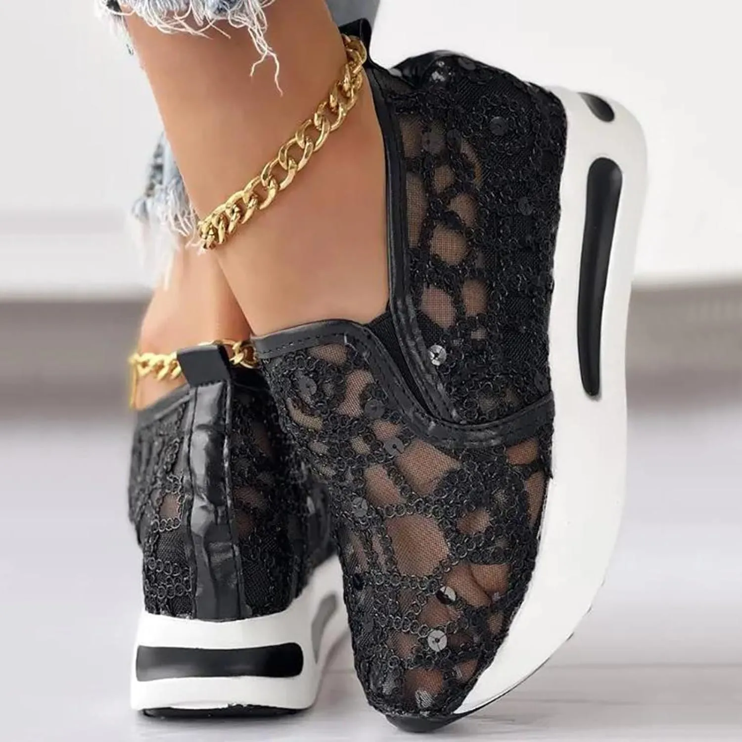 Women Floral Embroidery Breathable Sheer Mesh Sneakers, Platform Wedge Fashion Sneaker,Comfortable Casual Lace Mesh Walking Shoes