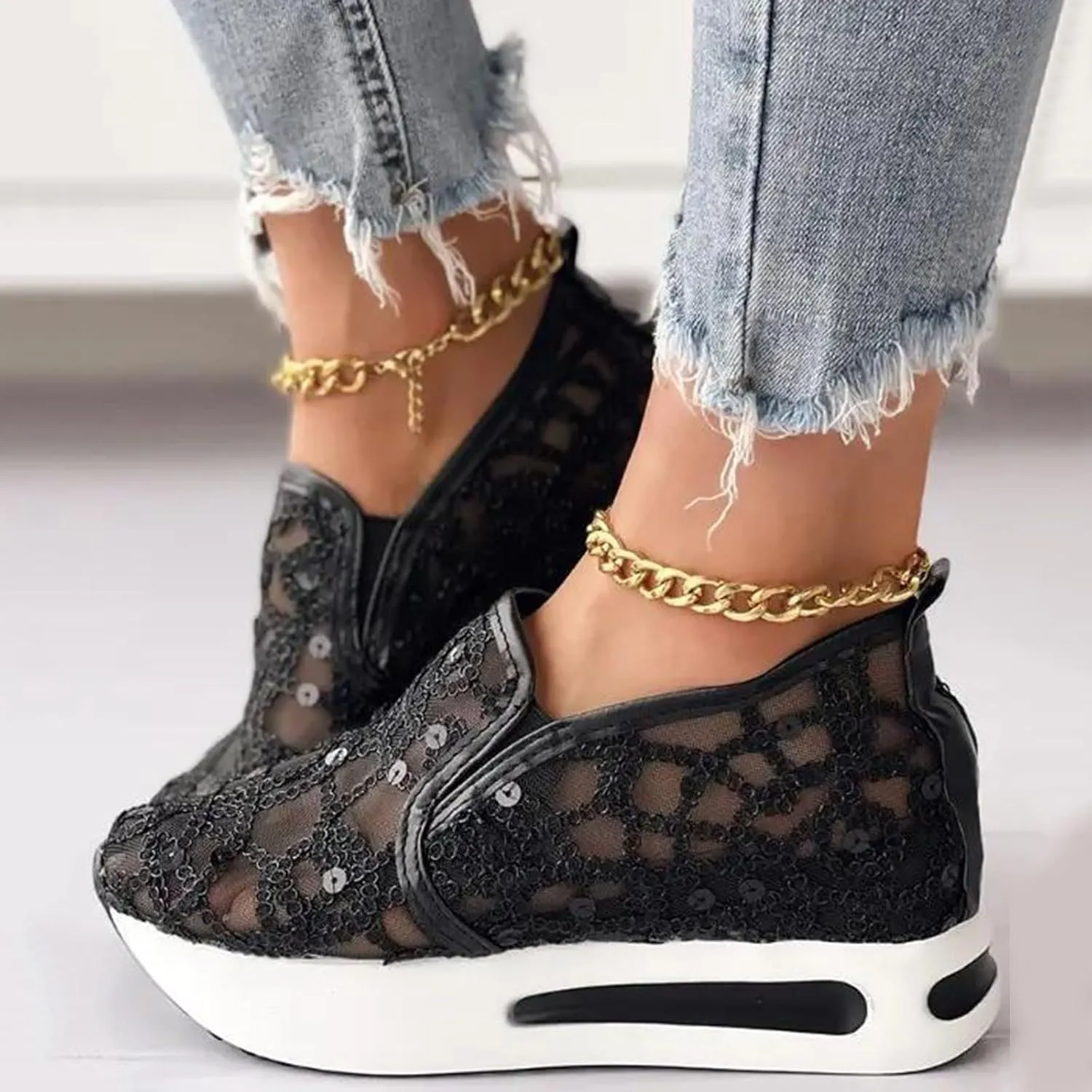 Women Floral Embroidery Breathable Sheer Mesh Sneakers, Platform Wedge Fashion Sneaker,Comfortable Casual Lace Mesh Walking Shoes