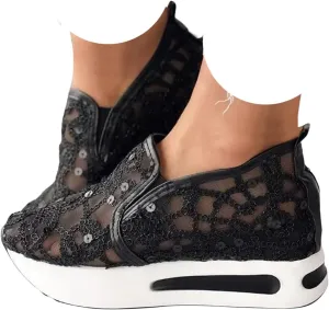 Women Floral Embroidery Breathable Sheer Mesh Sneakers, Platform Wedge Fashion Sneaker,Comfortable Casual Lace Mesh Walking Shoes