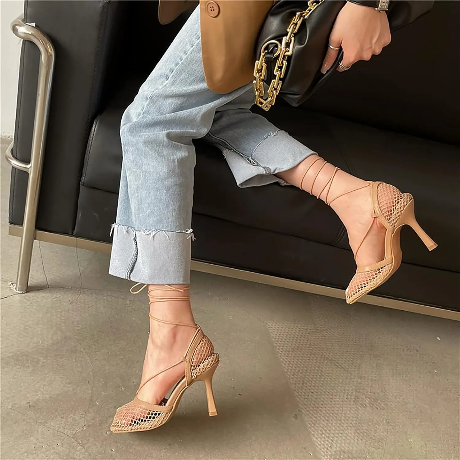 Women Graceful Open Toe Mesh Sandals High Heels Stilettos Strappy Slip On Crisscross Straps Shoes Summer Pumps