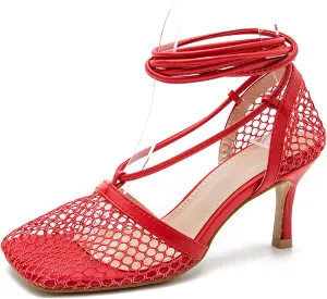 Women Graceful Open Toe Mesh Sandals High Heels Stilettos Strappy Slip On Crisscross Straps Shoes Summer Pumps