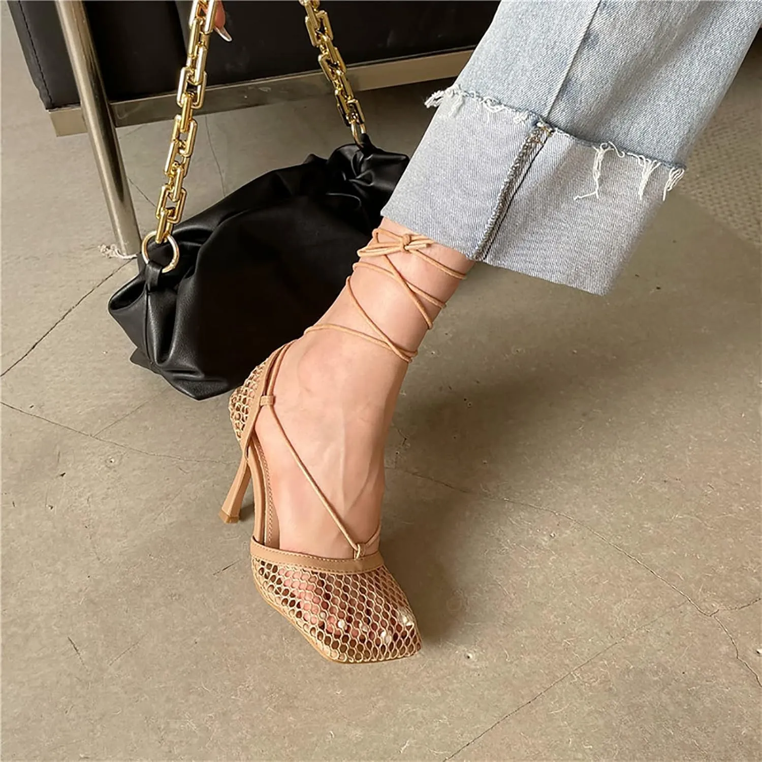 Women Graceful Open Toe Mesh Sandals High Heels Stilettos Strappy Slip On Crisscross Straps Shoes Summer Pumps