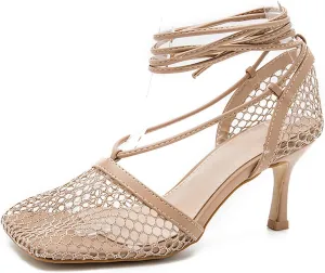 Women Graceful Open Toe Mesh Sandals High Heels Stilettos Strappy Slip On Crisscross Straps Shoes Summer Pumps