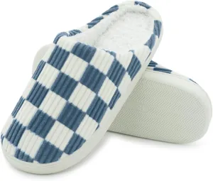 Women House Fuzzy Slippers - Plaid Scuff Checkered Slip-on Memory Foam Indoor Outdoor Comfortable Soft Slides