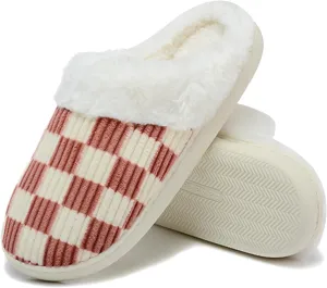 Women House Fuzzy Slippers - Plaid Scuff Checkered Slip-on Memory Foam Indoor Outdoor Comfortable Soft Slides