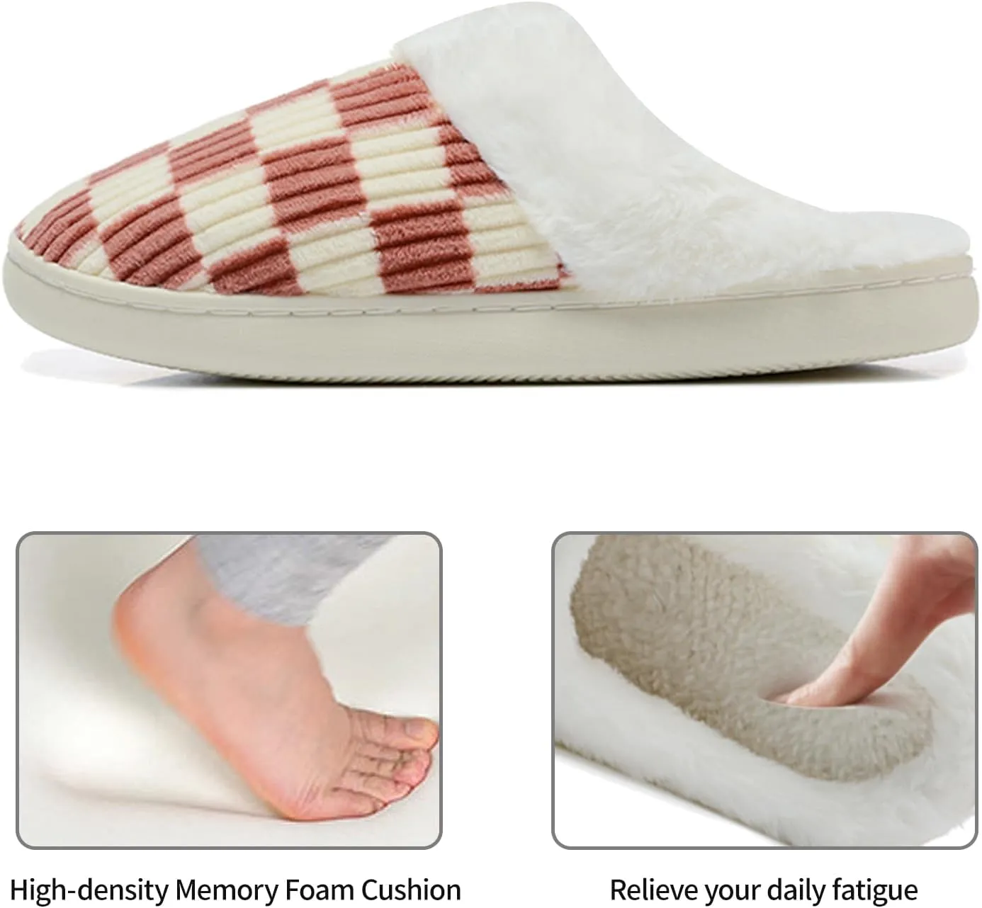 Women House Fuzzy Slippers - Plaid Scuff Checkered Slip-on Memory Foam Indoor Outdoor Comfortable Soft Slides