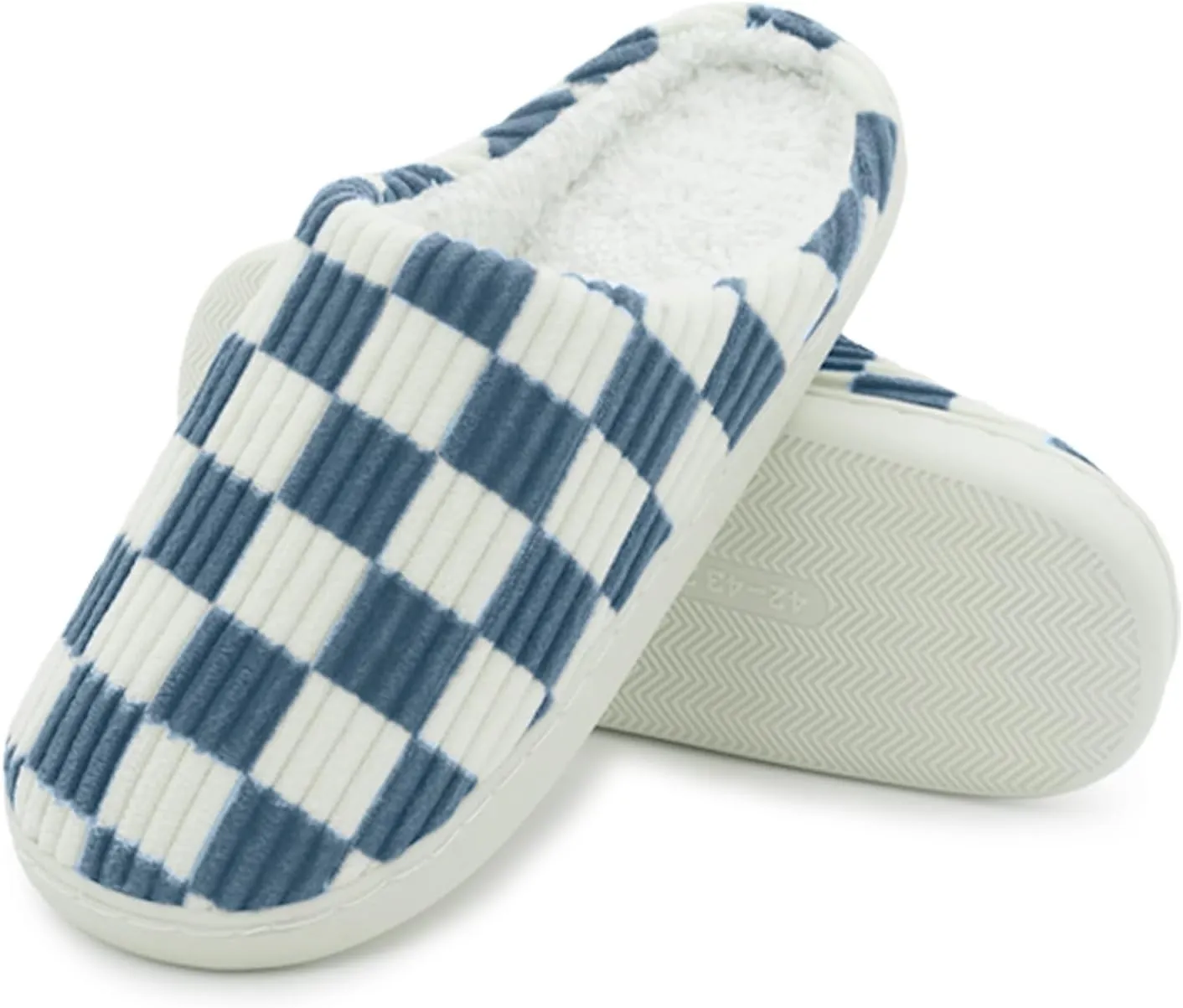 Women House Fuzzy Slippers - Plaid Scuff Checkered Slip-on Memory Foam Indoor Outdoor Comfortable Soft Slides