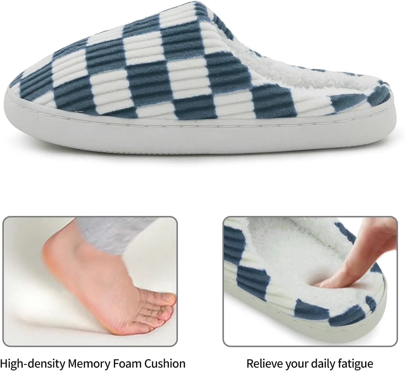 Women House Fuzzy Slippers - Plaid Scuff Checkered Slip-on Memory Foam Indoor Outdoor Comfortable Soft Slides