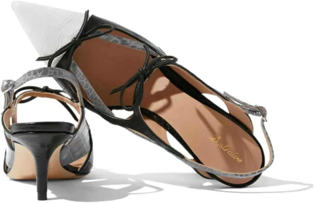 Women Kitten Heel Pointed Toe Slingback Sandals Bow Crocodile Sandal Heels Cap Toe 2 inch Thin Heel Slingback Pumps Two Tone Strappy Sexy Fashion Wedding Party 4-11 M US
