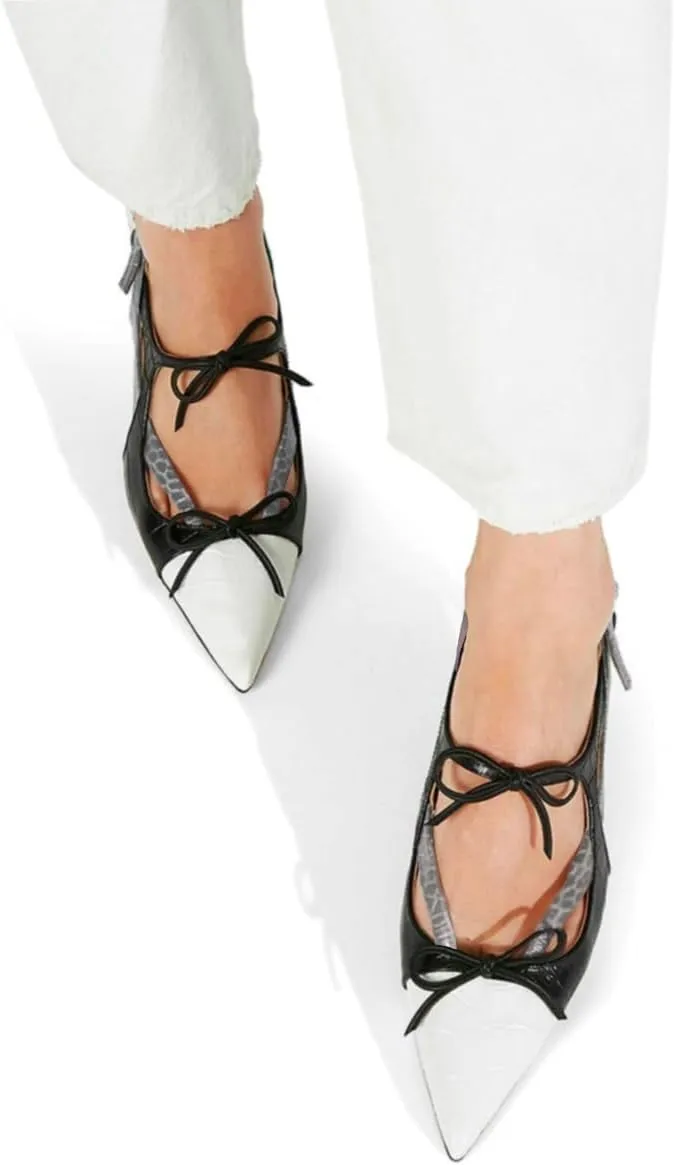 Women Kitten Heel Pointed Toe Slingback Sandals Bow Crocodile Sandal Heels Cap Toe 2 inch Thin Heel Slingback Pumps Two Tone Strappy Sexy Fashion Wedding Party 4-11 M US